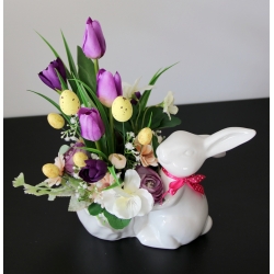 STROIK WIOSNA Ceramiczny BIAŁY ZAJĄC z kwiatami odc. FIOLET BIEL